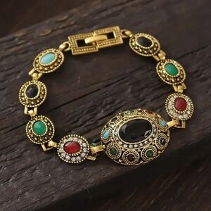 Vintage Style Gold Bracelet with Multicolor Stones